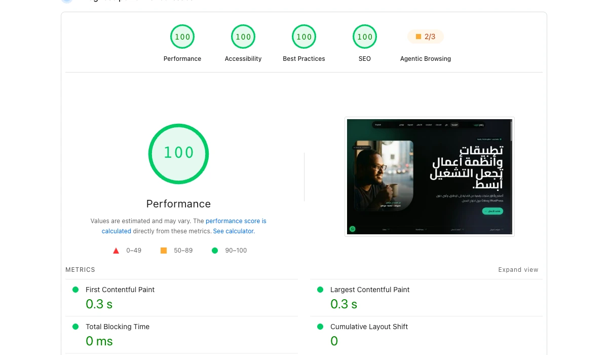 تقرير PageSpeed Insights لموقع ياسر نجيب ويعرض 100 في الأداء والإتاحة وأفضل الممارسات و SEO